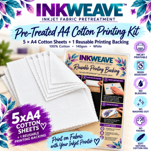 InkWeave™ Pre-Treated A4 Cotton Printing Kit – 140gsm White Cotton – 5 Sheets + Reusable Backing